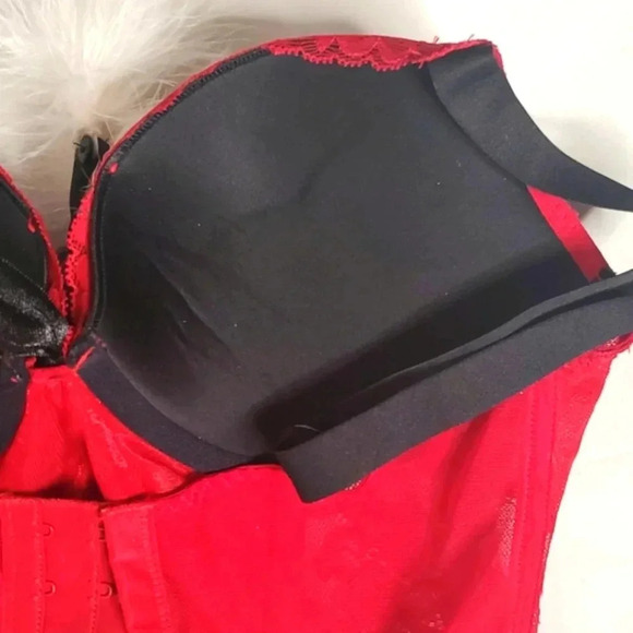 Lasenza Corset Bustier Red Fur Pom pom Sz Medium Black broad adjustable … - Picture 7 of 7
